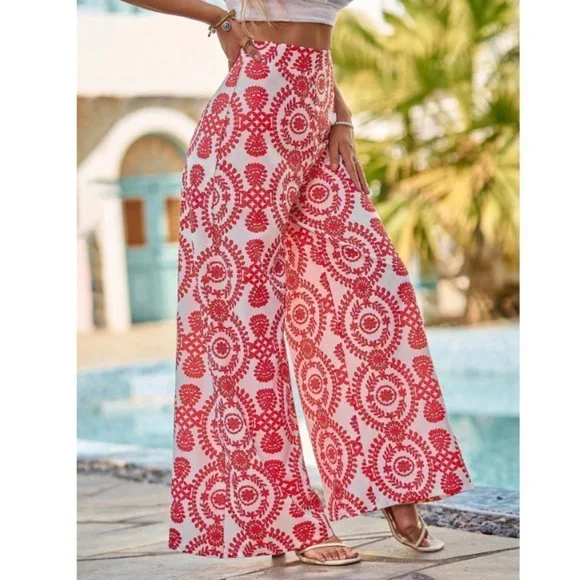Red Boho Womens Damask Print Wide Leg Pants - Picture 5 of 5